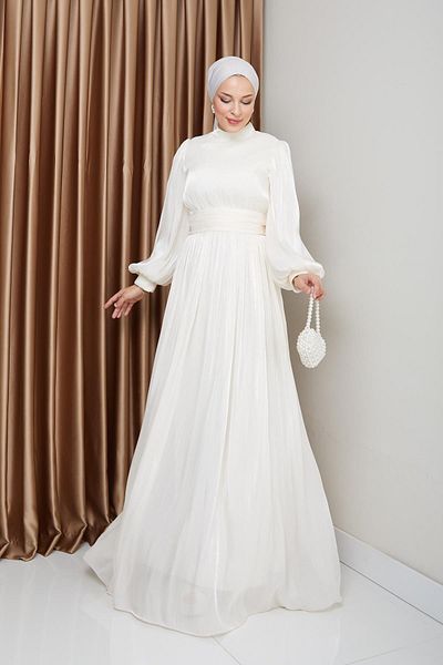 Olcay Rochie de seară hijab din mătase Yoryo - cu eșarfă și detaliu cu șnur EKRU 1225