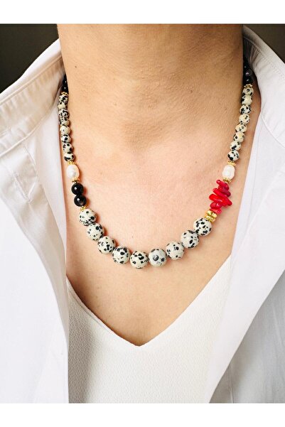 DEVİ fashion قلادة من حجر جاسبر الطبيعي من اللؤلؤ الحقيقي مقاس 50 سم