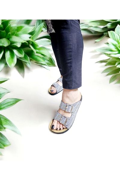AkınalBella Double Buckle Shiny Natural Stone Anatomical Slippers
