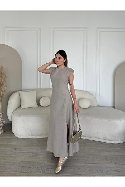 FMN Butik design căptușit cu fantă fustă clopot mare cu mâneci zero rochie midi casual elegantă echivalentă de vară Pinterest