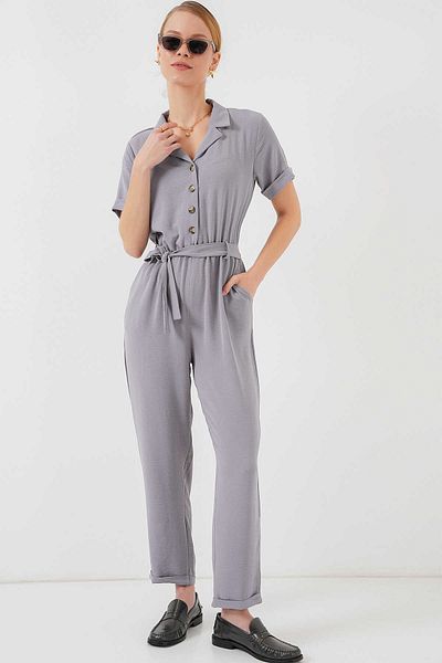 MEYLİYA Ribana Women's Shirt Collar Buttoned Aerobin Fabric Jumpsuit
