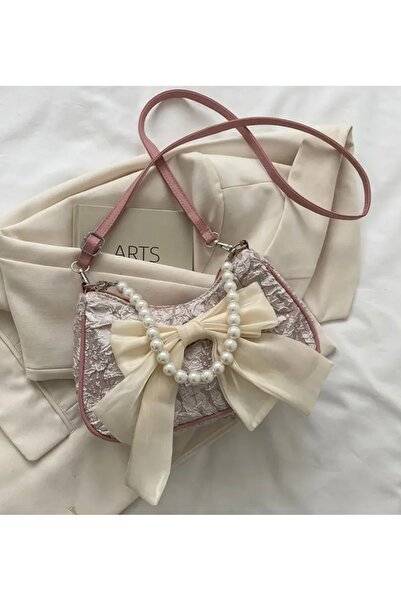 MİRAZ TASARIM Y2K KADIN ÇANTA İNCİ/FİYONK DETAYLI PUDRA RENK Y2K TREND ÇANTA