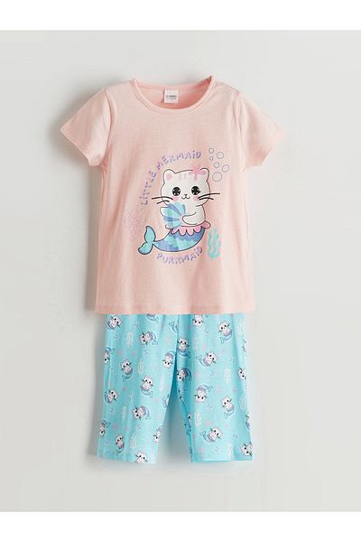 LC Waikiki Lcw Kids Pink Combed Cotton Printed Girls' T-Shirt and Capri 2-Piece