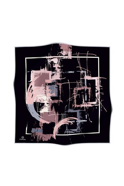 Vissona 100% Twill Silk Geometric Pattern Μαύρο - Χρώμα πούδρας 90x90 Σχήμα ραπτικής κασκόλ: Ράψιμο στο χέρι