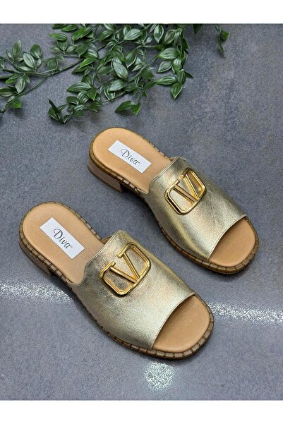 DİVA Altın Deri Tokalı Ortopedik Kadın Günlük Terlik