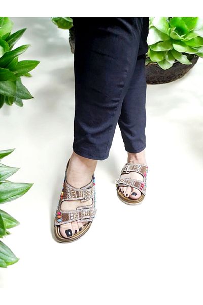AkınalBella Double Buckle Shiny Natural Stone Anatomical Slippers