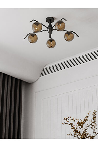 avizade Orlena 5'li Bal Rengi Cam Küre Avize - Siyah Gövdeli Modern Salon Ve ...