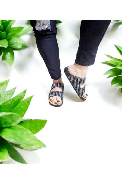 AkınalBella Double Buckle Shiny Natural Stone Anatomical Slippers