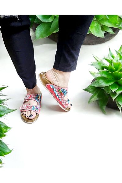 AkınalBella Double Buckle Shiny Natural Stone Anatomical Slippers