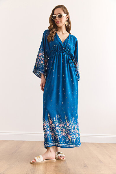 Olalook Women's Watery Floral Indigo Double Breasted Collar Elastic Waist Maxi Slit Viscose Dress Elb-19002383