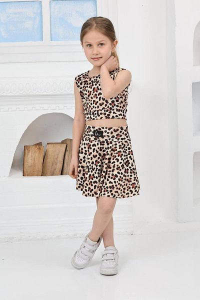 KİDSPİTİRCİK Girl's Leopard Strap Crop Badi, Shorts Skirt Suit