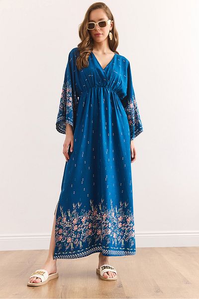 Olalook Women's Watery Floral Indigo Double Breasted Collar Elastic Waist Maxi Slit Viscose Dress Elb-19002383