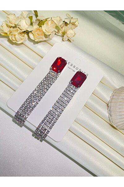 Furtek Aksesuar Kadın Dikdörtgen Zirkon Kırmızı Sallantılı Küpe Modeli Hediyelik Su Yolu Nişan Düğün Balo