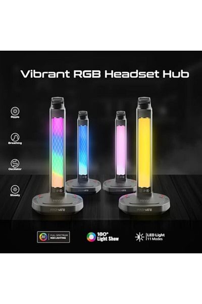 Promate 4-In-1 Multifunctional RGB Headset Stand with 15W Wireless Charger, USB-C and Dual USB-A Por