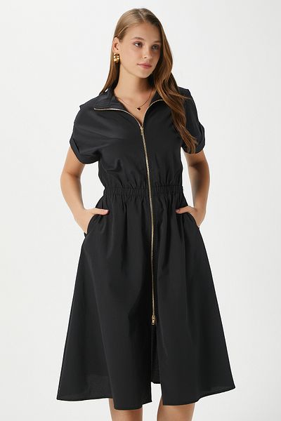 Ritnice Rochie Hilda neagră pentru femei, cu fermoar, cu buzunare elastice în talie 00022
