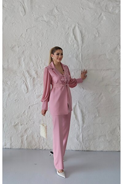 1Moda1Tarz Kadın İthal Atlas Kumaş Kollar Şifon Piliseli Gül Detay Kuşaklı Astarlı Özel Tasarım Alt-Üst Takım