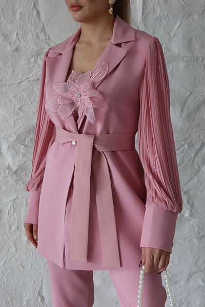 1Moda1Tarz Women's Imported Atlas Fabric Sleeves Chiffon Pleated Rose Detail Belted Lined Special Design Top-Bottom Set