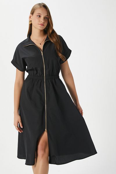 Ritnice Rochie Hilda neagră pentru femei, cu fermoar, cu buzunare elastice în talie 00022