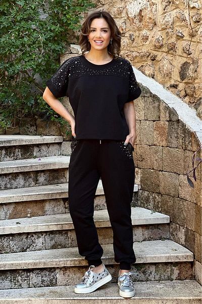 Nevin Kaya Moda Black Silver Stoned Short Sleeve Tracksuit Set