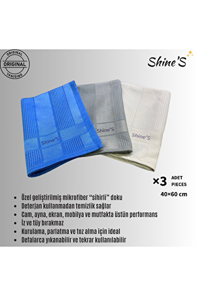 Shines Fabrika Satış Mağazası Shine'S 3'lü mikrofiber temizlik bezi, banyo, mutfak, cam, araba ve tüm yüzeyler (40x60 CM)
