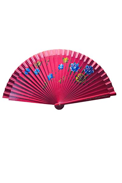 baytoptan Bambu çift Taraflı Çiçek Baskılı Yelpaze Kırmızı