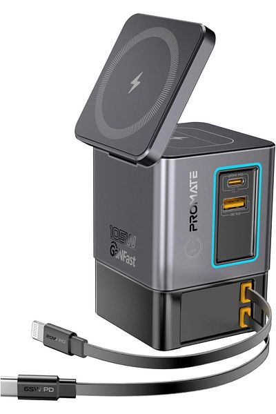 Promate محطة شحن GaNFast 6 في 1 مع إجمالي خرج 105 وات، وشاحن MagSafe اللاسلكي 15 وات، وشاحن Re 65 وات