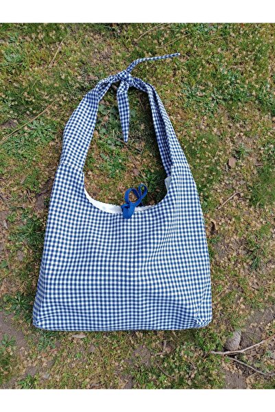 yaso shop Kumaş Tote Çanta Kadın Omuz Çantası Kareli Desenli Fiyonk Detaylı