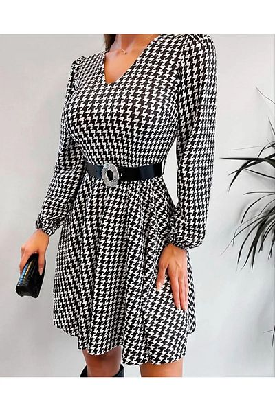 Baliz Houndstooth Print Long Sleeve with Belt Flared Dress Evening Dress
