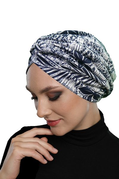 fidan bone Moonlight Flowers Patterned Cross and Band Detailed Lined Ready-Made Turban Hijab Pool Cap
