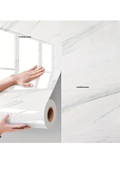 Renkli Duvarlar 60cm x 280cm Tek Parça Rulo Shiny Beyaz Mermer Desenli Banvo Salon Wc Yapışkanlı Duvar Paneli Kağıdı