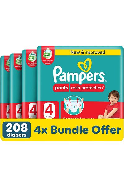 Pampers Rash Protection Pants Diapers, Size 4, 9-14kg, 50% Aloe Vera Lotion, 360° Leak-free Fit