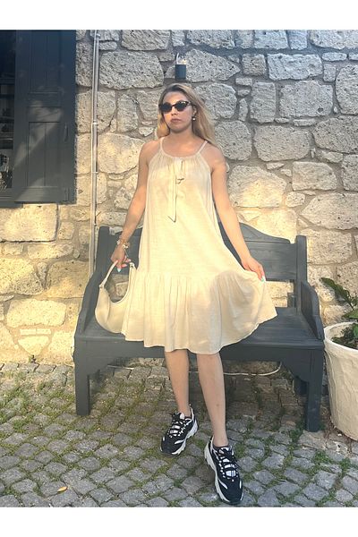 Çeşme Home Women's Beige Linen Summer Dress with Pockets, Adjustable Straps, Relaxed Fit, Local Production