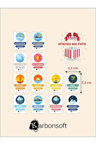 karbonsoft English Montessori Learning Cards - Wooden Turkish Season Cards, Training Set