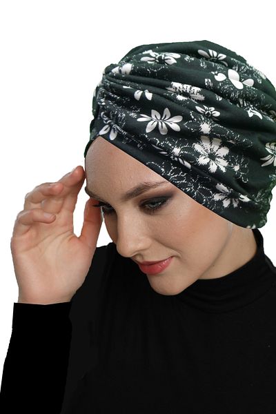 fidan bone Midnight Blossom Patterned Cross and Band Detailed Lined Ready-Made Turban Hijab Pool Cap
