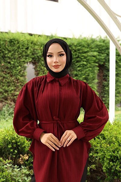 HİFADEN Women's Shoulder Gathered Belted Hijab Shirt