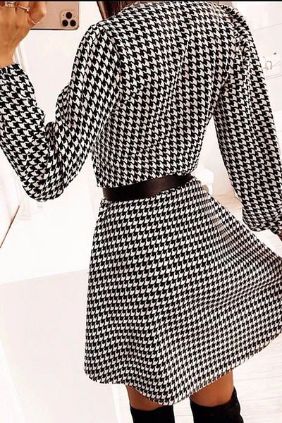 Baliz Houndstooth Print Long Sleeve with Belt Flared Dress Evening Dress