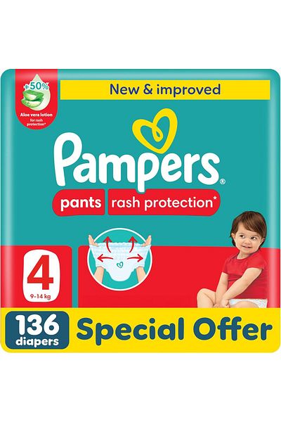 Pampers Rash Protection Pants Diapers, Size 4, 9-14kg, +50% Aloe Vera Lotion, 360° Leak-Free Fit