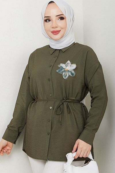 HİFADEN Women's Floral Detailed Buttoned Mobile Belted Hijab Shirt