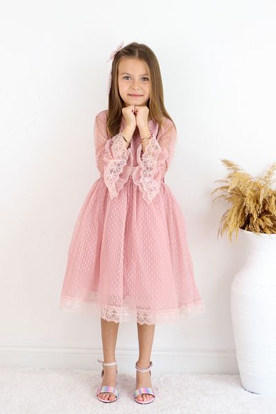 Şenkız Princess Model Lace Buckle Polka Dot 23 April 19 May 29 October Powder Color Children's Dress