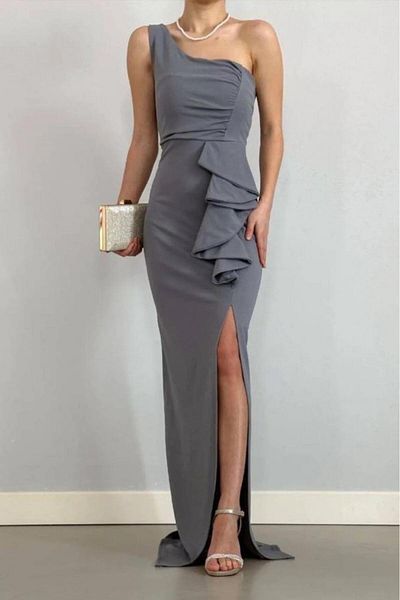 Deafox Gray One Shoulder Imported Crepe Fabric Flounce Evening Dress