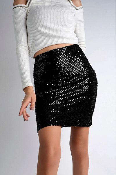 Baliz 44 cm Sequin Mini Skirt Party Wedding Night Mini Skirt Black