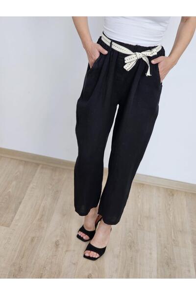 Felix Butik Feli̇x13624 Belted Imported Linen Ankle Length Black Trousers
