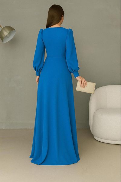 Deafox Blue Crepe Fabric Front Knot Detail Maxi Length Long Sleeve Double Slit Dress