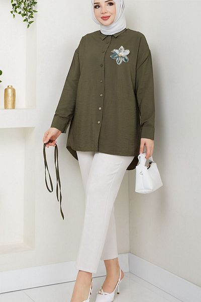 HİFADEN Women's Floral Detailed Buttoned Mobile Belted Hijab Shirt