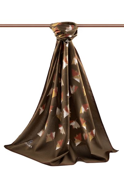 Vissona Luxury Medina Silk - Μοτίβο φύλλων, Καφέ-1, Πολύχρωμο, 75x195, Ανθεκτικό στις ρυτίδες Σάλι Moss Crepe Τύπος ραφής Ital