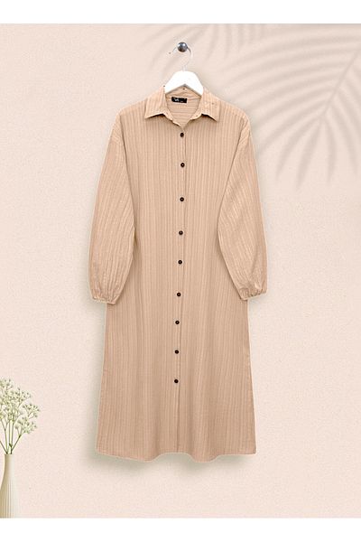 Modamorfo Long Crinkle Tunic with Buttons and Elastic Sleeves - Mink