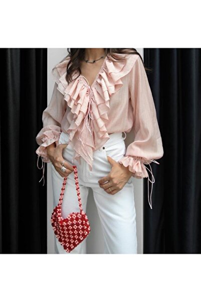 Elizar Moda Toz Pembe Yaka Fırfırlı Kol Bağlamalı Bluz