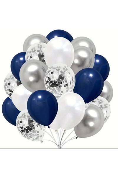 Çemrek Süs Parti Navy Blue White Silver Transparent Sequin Balloon Bundle Set 25 Pcs