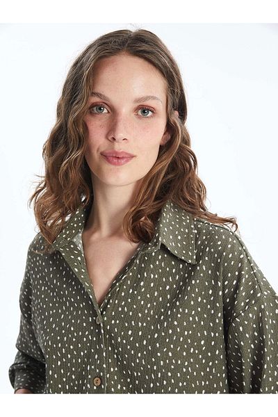 LC Waikiki Lcw Vision Green Patterned Long Sleeve Oversize Women's Shirt