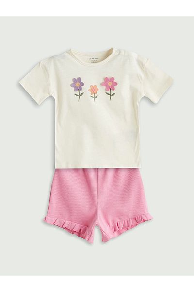 LC Waikiki Lcw Baby Beige Crew Neck Floral Baby Girl Blouse and Shorts 2-Pack